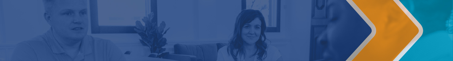 Two people facing a third person that is in profile in the foreground. Overlain over this image is a large area of transparent blue, a smaller area of transparent orange, and a shape of transparent teal roughly the same area as the orange