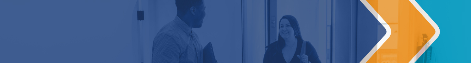 Photograph of two people happily greeting each other. Overlain over this image is a large area of transparent blue, a smaller area of transparent orange, and a shape of transparent teal roughly the same area as the orange