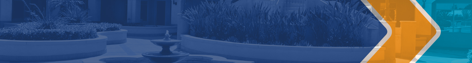 Photograph of a courtyard with partially visible fountain and large bowl planters containing foliage. Overlain over this image is a large area of transparent blue, a smaller area of transparent orange, and a shape of transparent teal roughly the same area as the orange