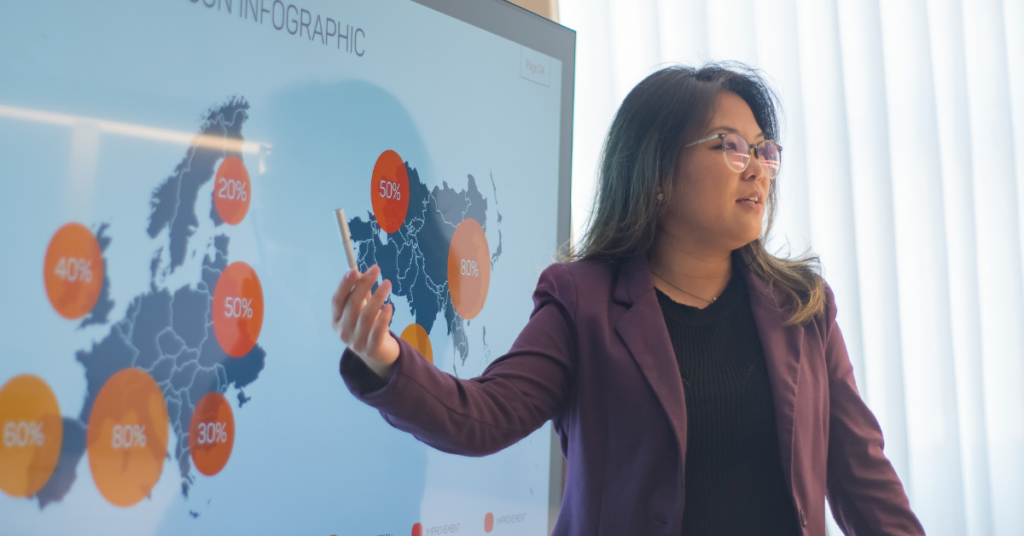 Image of woman talking in front of a map with data to convey data driven storytelling.