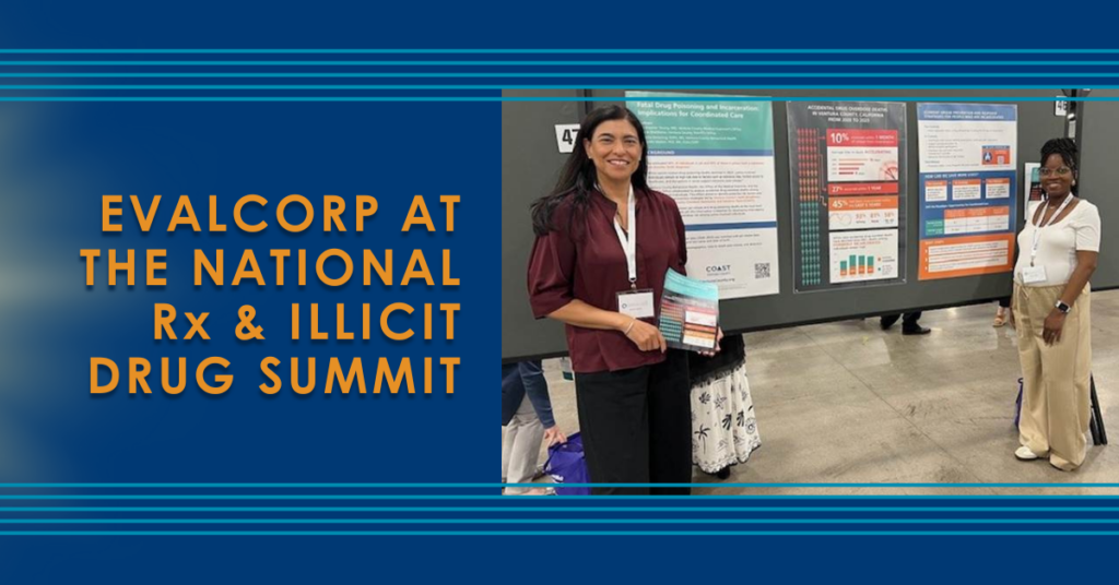 Header image that contains reads "EVALCORP at the National Rx and Illicit Drug Summit" with pictures of two team members standing beside our poster presentation.