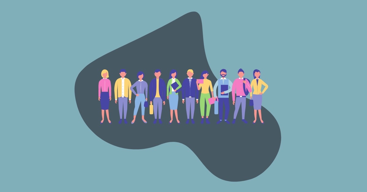 Illustration of ten human figures standing side by side in various and colorful states of business casual attire and implied accessories in front of a charcoal colored amorphous shape on a light blue-gray background