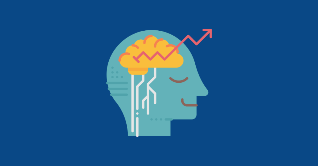 An illustration of a teal colored human figure's head in profile with a contented expression and a orange colored brain representation with a red arrow zig zagging up and out of the head, along with white branched lines traveling down out of the bottom, implying a brainstem