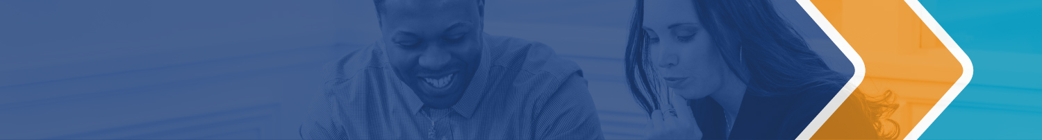 Photograph of two people looking down at something out of frame. Overlain over this image is a large area of transparent blue, a smaller area of transparent orange, and a shape of transparent teal roughly the same area as the orange