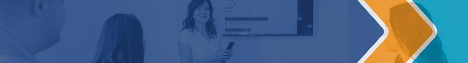 Photograph of a woman presenting in front of three people who are watching. Overlain over this image is a large area of transparent blue, a smaller area of transparent orange, and a shape of transparent teal roughly the same area as the orange