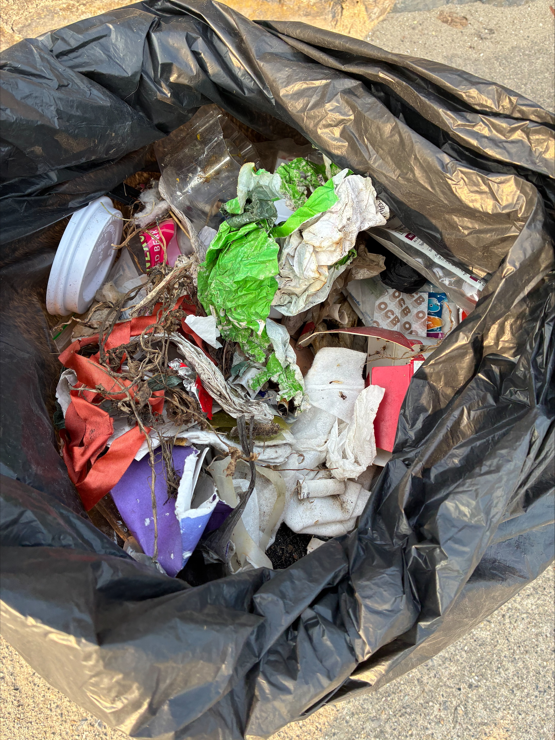 a full bag of trash collected from the beach