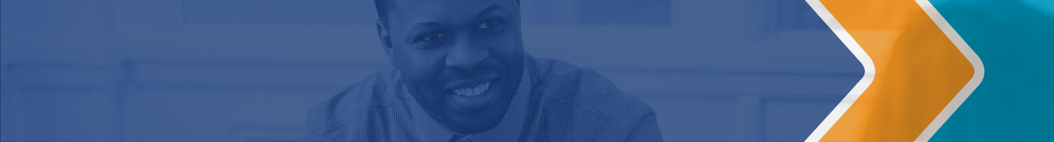 Photograph of a person looking up and off to the right of the viewer. Overlain over this image is a large area of transparent blue, a smaller area of transparent orange, and a shape of transparent teal roughly the same area as the orange