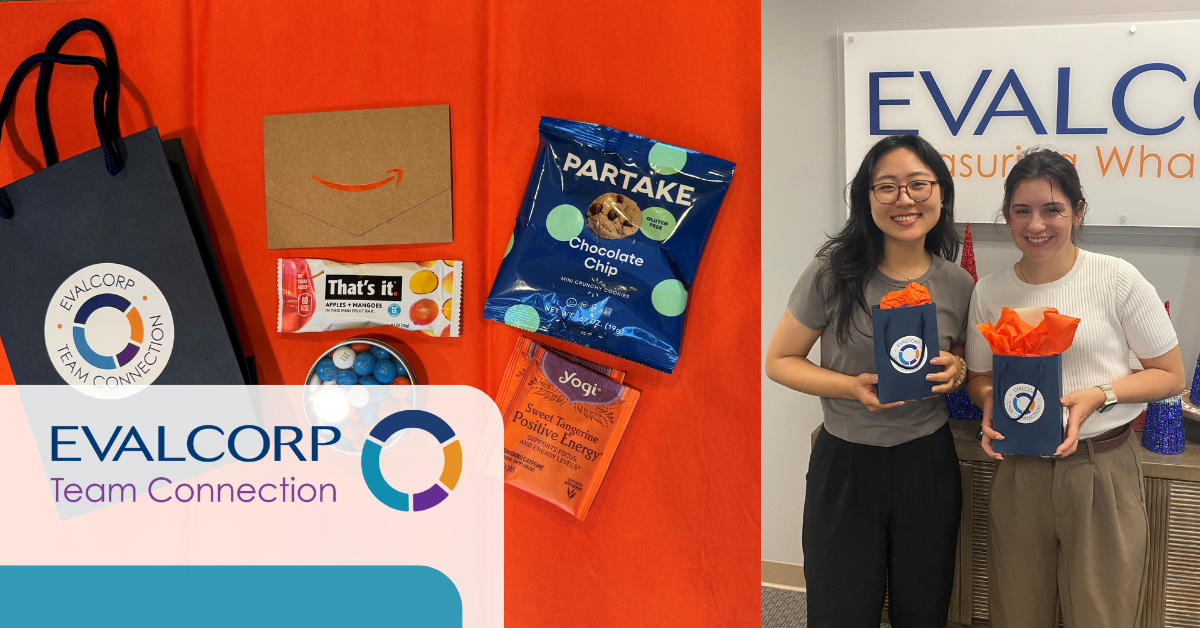Team Connection Header image and EVALCORP logo , image of goodie bag display and team members smiling with their goodie bags